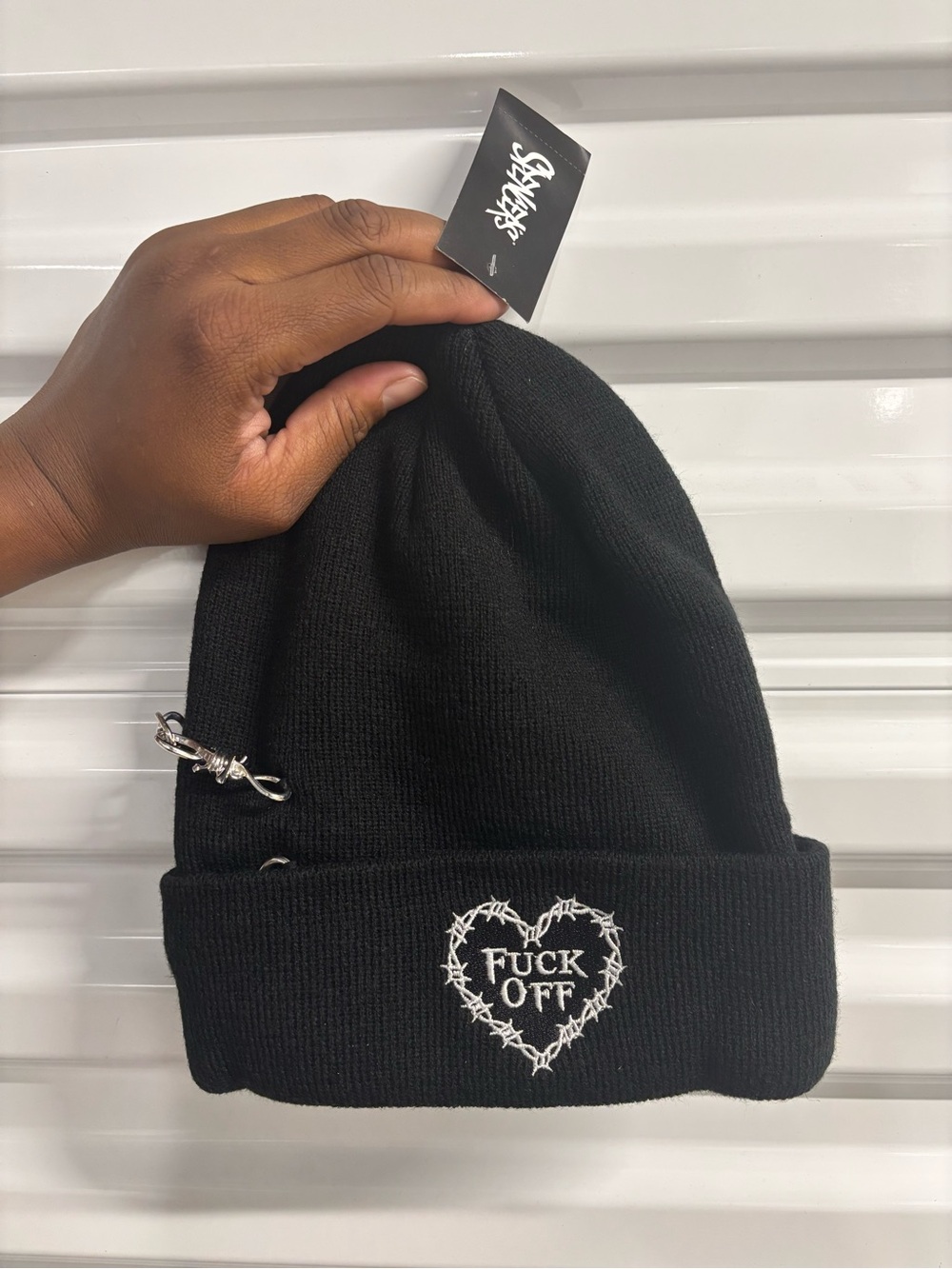 Spencer’s Fvck Off Heart Barbed Wire Cuff Black Beanie Hat Funny Goth